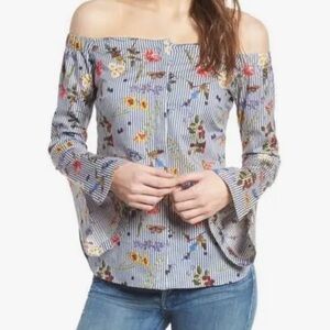 Bailey 44 Horticulture Top, Size Large Stripe Butterfly Button Up Bell Sleeves